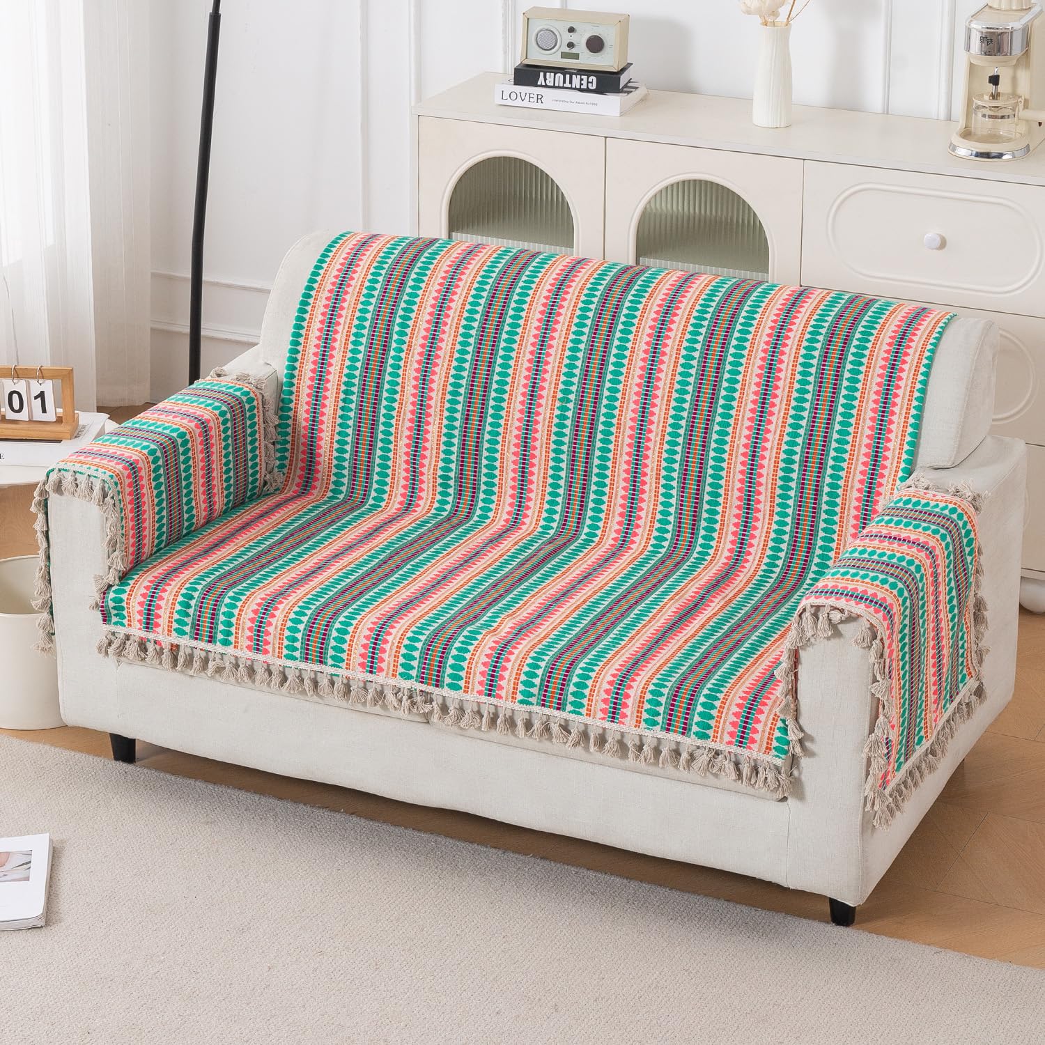 HOKIPO 'Artisan Boho Series' Complete Sofa Cover Set with Tassel for 2 Seater Sofa | 450 GSM Thick Cotton Acrylic Jacquard Fabric Sofa Cover, Mint Green (IN-908+899-A7*2)-image-8