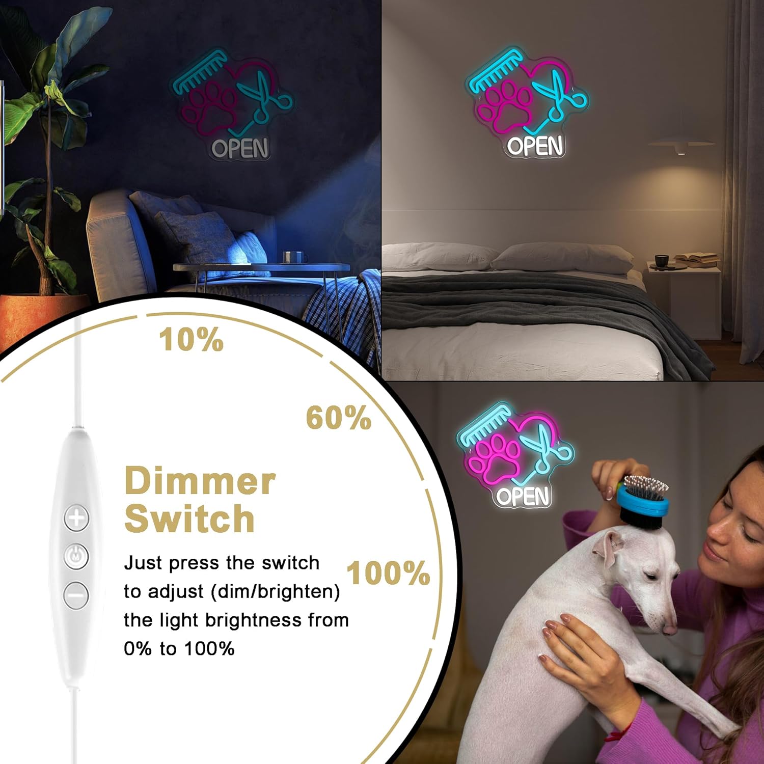 Mutank Pet Shop Open Neon Sign, Paw Neon Light USB Powered LED Dimmable Scissors Sign, for Pet Shop Business Sign Pet Spa Pet Salon Animal Clinic Decor Pet Grooming and Welcome Sign(13.3 * 12.2 In) - Image 4