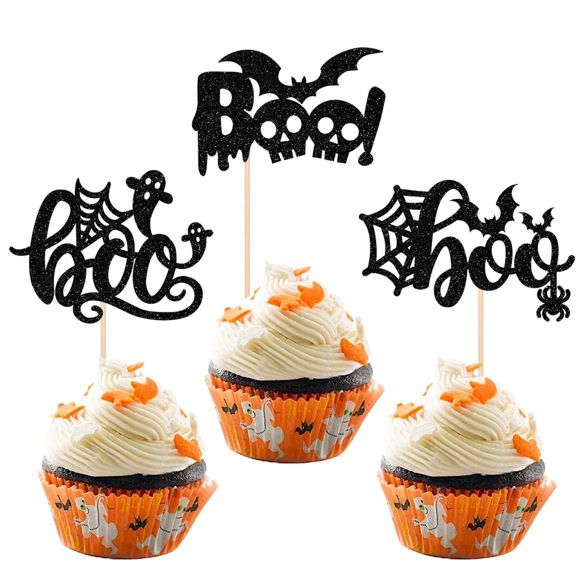 Rsstarxi Cupcake-Aufsätze für Halloween, Glitzer, Spinnennetz, Fledermaus, Cupcake-Picks für Halloween, Babyparty, Geburtstag, Party, Kuchendekoration, 24 Stück