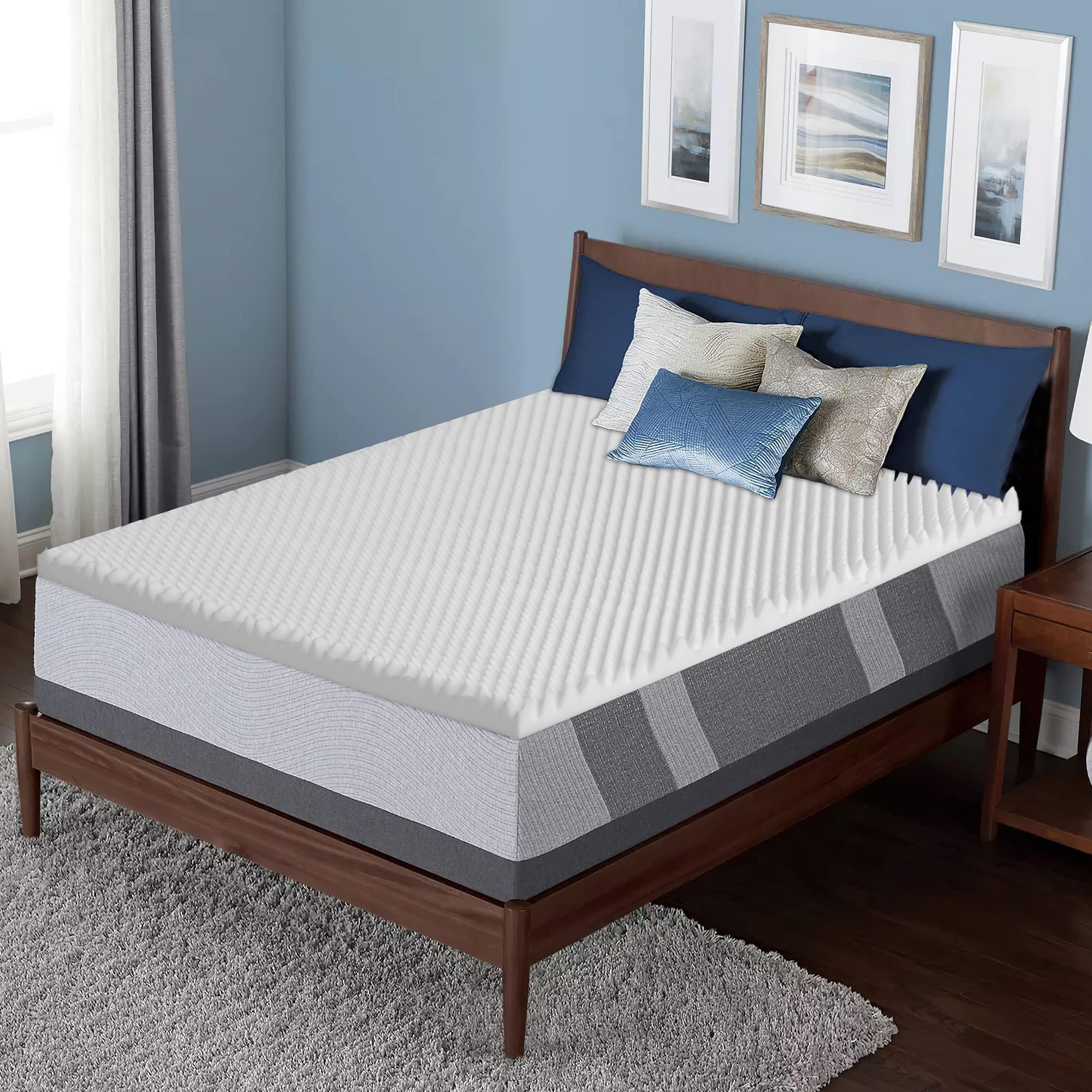 Zayton 2-inch Convoluted Foam Mattress Topper with Egg Shell Design, Breathable, Soft, and Comfortable Bed Toppers for Back Pain, Orthopedic Support for Better Sleep, Queen, White