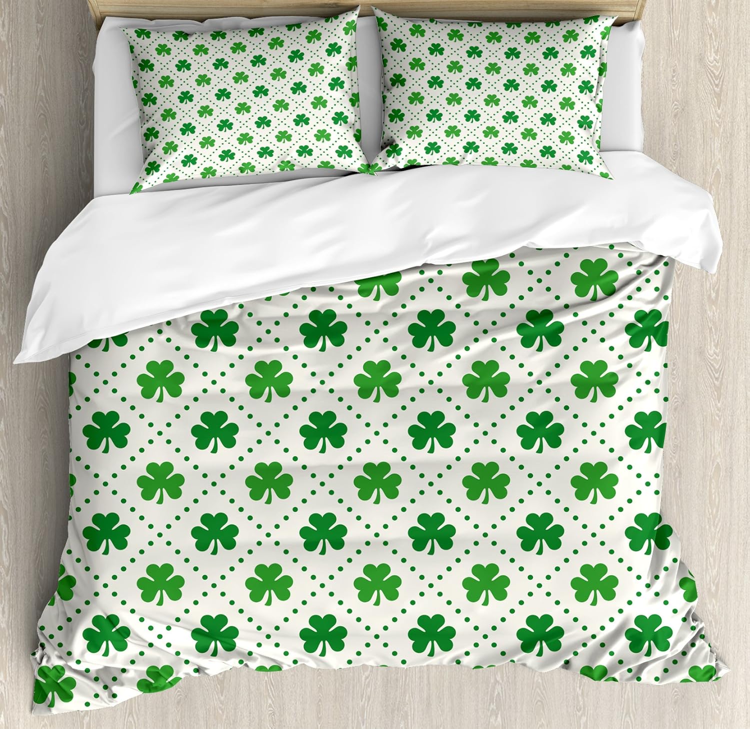 Ambesonne Irish Duvet Cover Set, 4 Leaf Shamrock Clover Flowers Dotted Dashed Lines National Culture Art, Decorative 3 Piece Bedding Set with 2 Pillow Shams, King Size, White Green King White Green