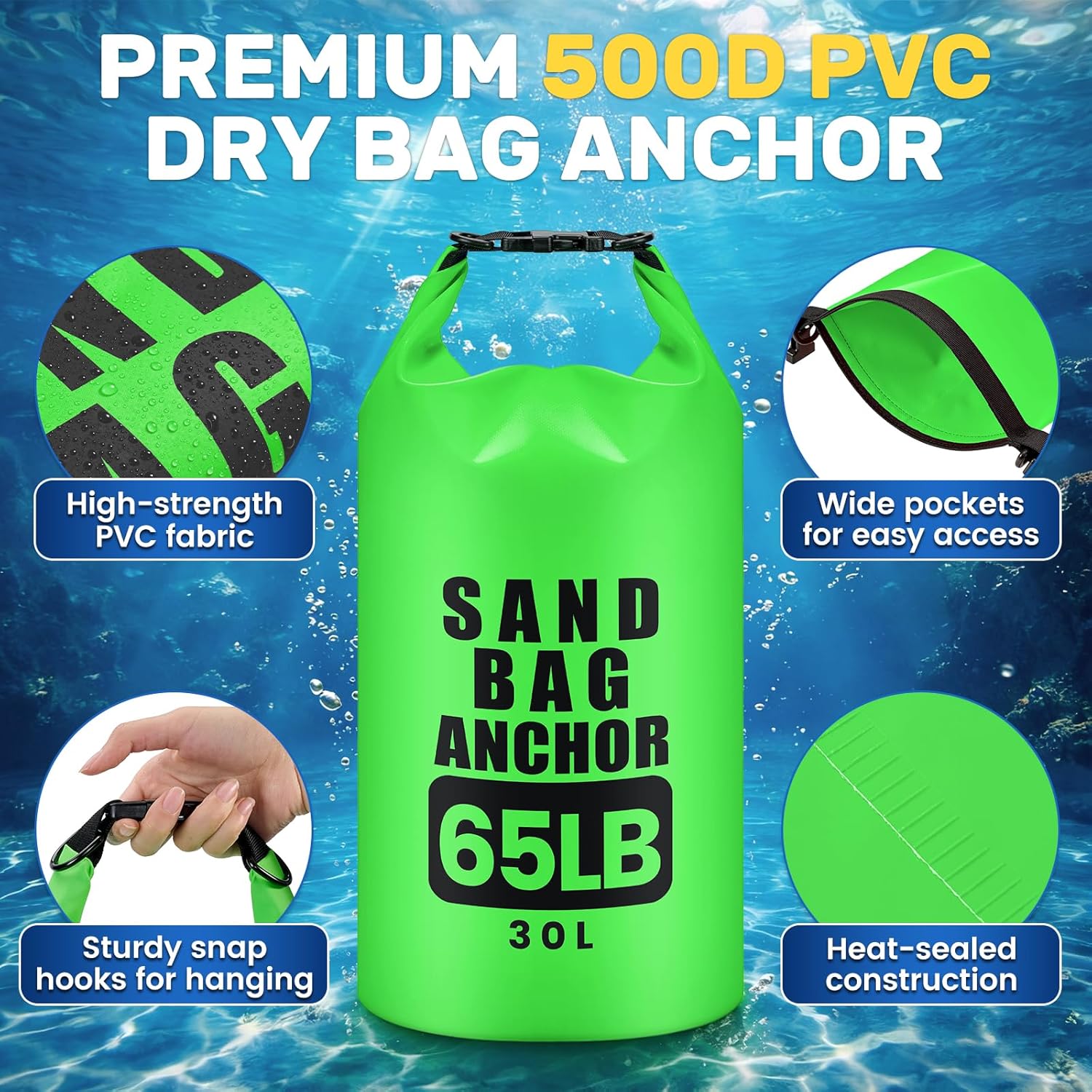 30L Sand Anchor Bag, 2 in 1 Waterproof Dry Bag for Small Boat, PWC Anchor Kit with Adjustable Buoy Compatible with Jetski, Kayak, Water Sports