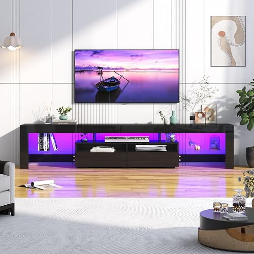 Miniatura 31 de Uspeedy Soporte de TV de 70 pulgadas para TV de 75/80 pulgadas, moderno soporte de TV LED para sala de estar, soporte de TV negro, centro de Negro