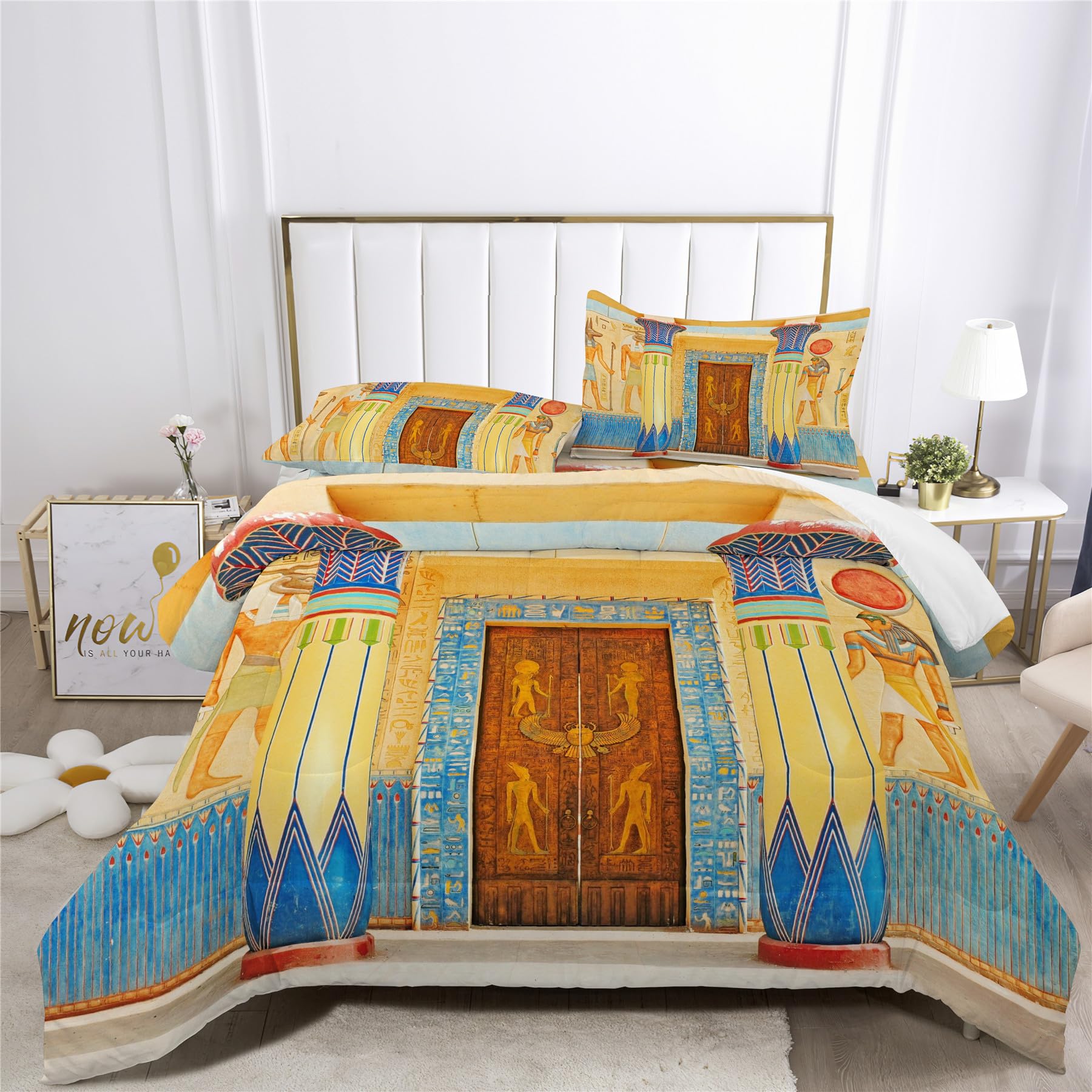 Set Piumino Antico Egitto La Cultura Set Biancheria Letto 3PCS Egitto Faraone Mummia Piramidi,Include 1 Piumino + 2 Federe (B,Piumino 3PCS-Doppio)