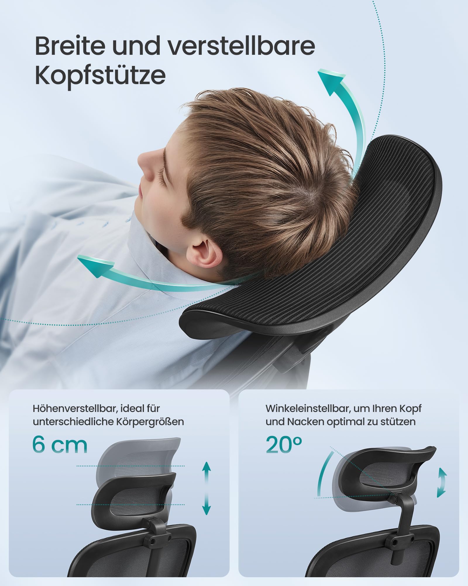 SONGMICS Bürostuhl, Schreibtischstuhl, ergonomischer Netzstuhl, mit doppellagigem Netzgewebe, atmungsaktiv, Adaptive Lendenstütze, verstellbare Kopfstütze, für Homeoffice, tintenschwarz OBN041B01