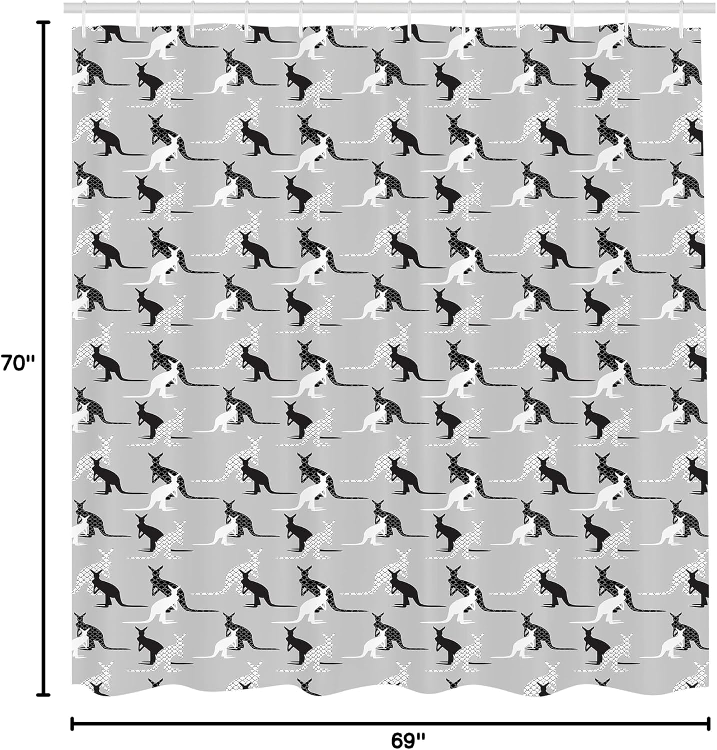 Ambesonne Kangaroo Shower Curtain, Seashell Pattern Built in Animal Silhouette on Plain Background, Cloth Fabric Bathroom Decor Set with Hooks, 69" W x 70" L, Pale Grey Black