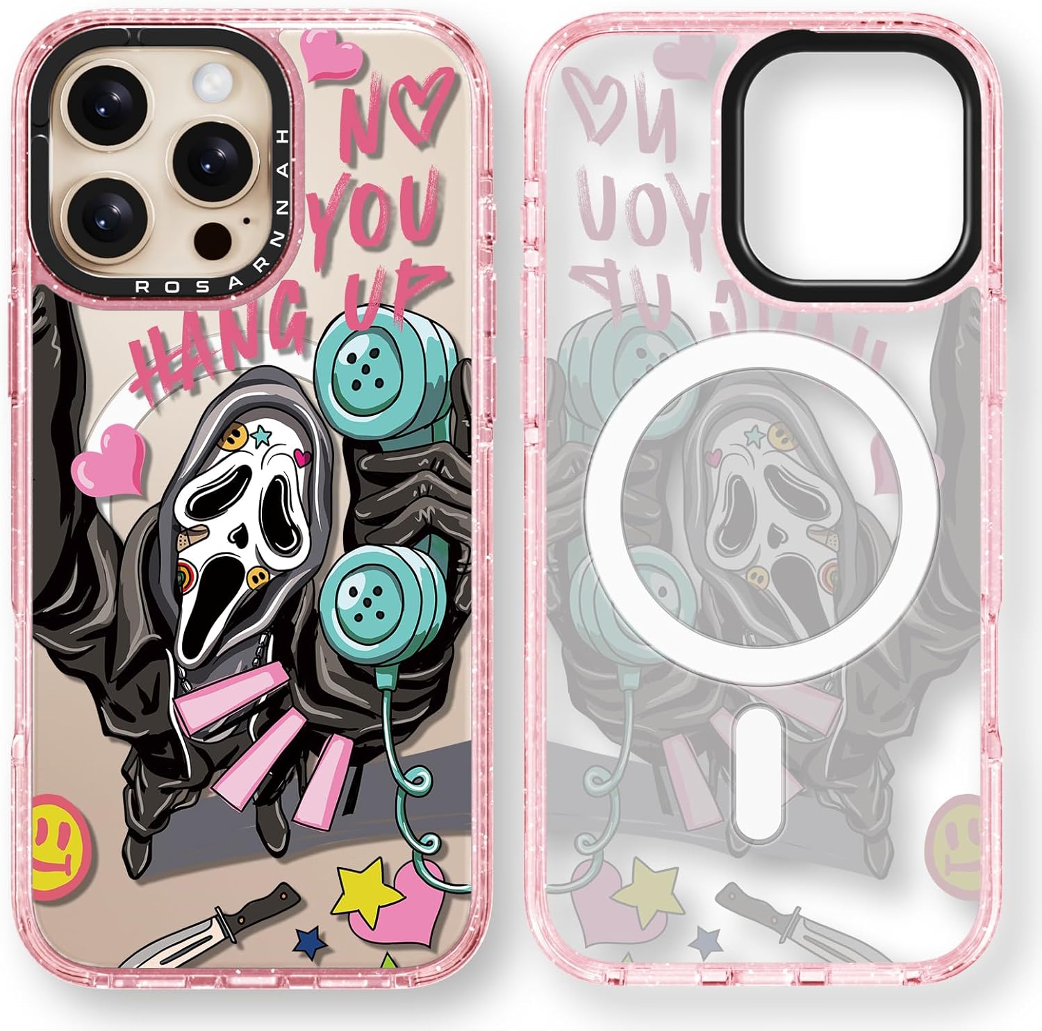 Rosarnnah for iPhone 16 Pro Max Case Cute - Compatible with Magsafe - Durable Shockproof 6.6 ft Drop Impact Phone Case - Funny Skeleton Design (6.9") Glitter Pink