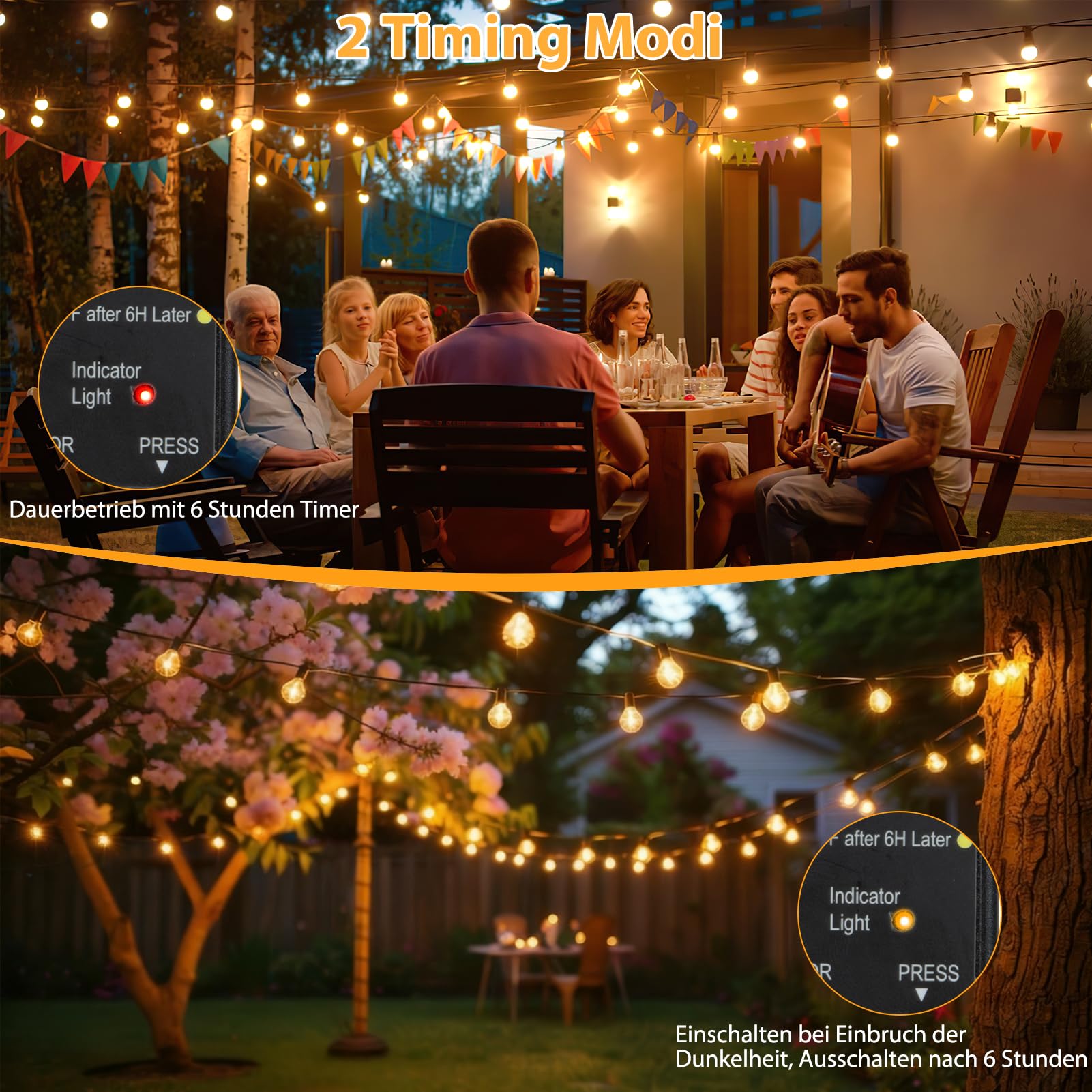 Cadena de luces LED para exteriores, 30 m, regulable, con sensor de luz, temporizador, 50 + 2 bombillas G40, de plástico, resistente al agua, para jardín, terraza, bodas, fiestas