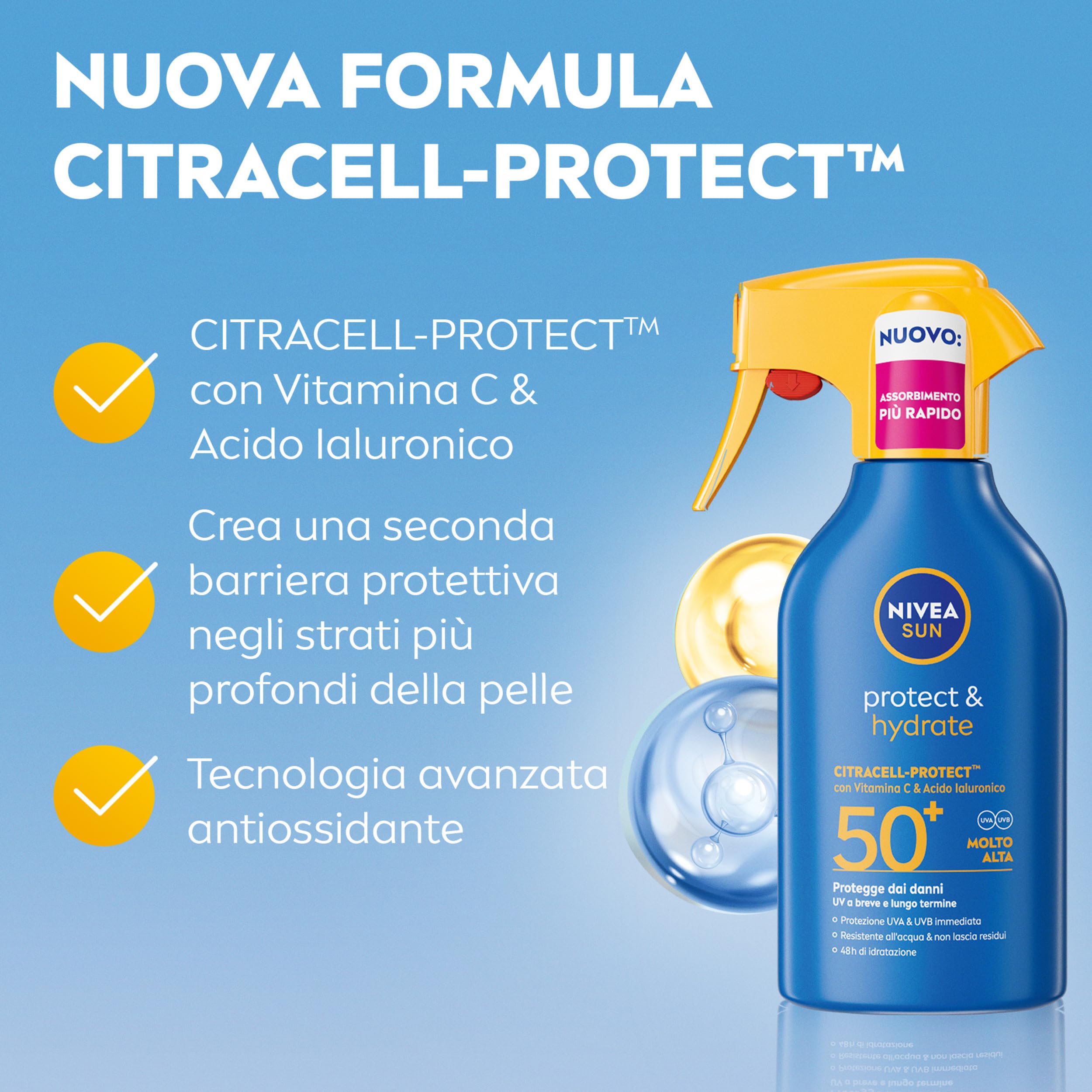 NIVEA SUN Protect & Hydrate Maxi Spray Solare SPF 50+ 270 ml, Crema solare 50 spray idratante 48h ad assorbimento rapido, Protezione solare 50+ resistente all'acqua con Vitamina C e Acido Ialuronico
