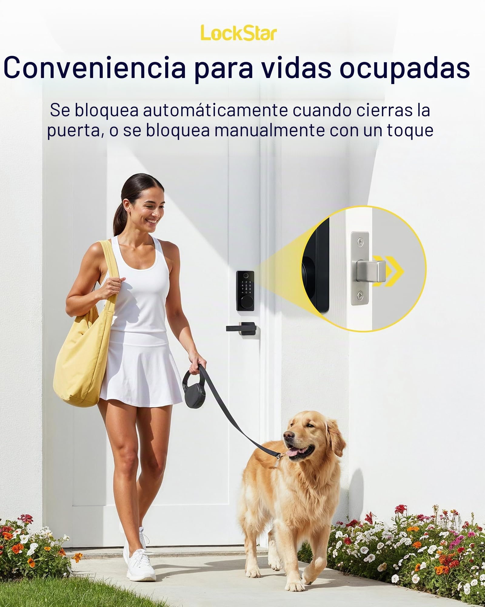 LOCKSTAR® Cerradura de puerta inteligente • Cerrojo de seguridad sin llave • Múltiples métodos de entrada - APP • ID táctil de huellas dactilares • Código de teclado • FOB • Llave tradicional •