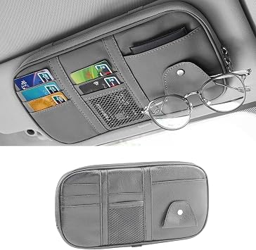 Car Sun Visor Organizer, Multi-Pocket PU Leather Sunglass Holder and Storage Pocket with Net Zipper, Card Sleeve Pocket Organizer, Auto Interior Accessories for Vehicle, Truck, SUV Gray