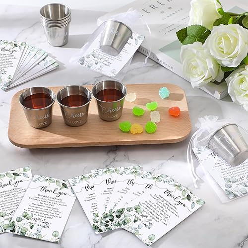 Miniatura 10 de Juego de 50 regalos de boda para invitados a granel, 50 vasos de chupito de boda Cheers to Love de acero inoxidable, 50 tarjetas de agradecimiento