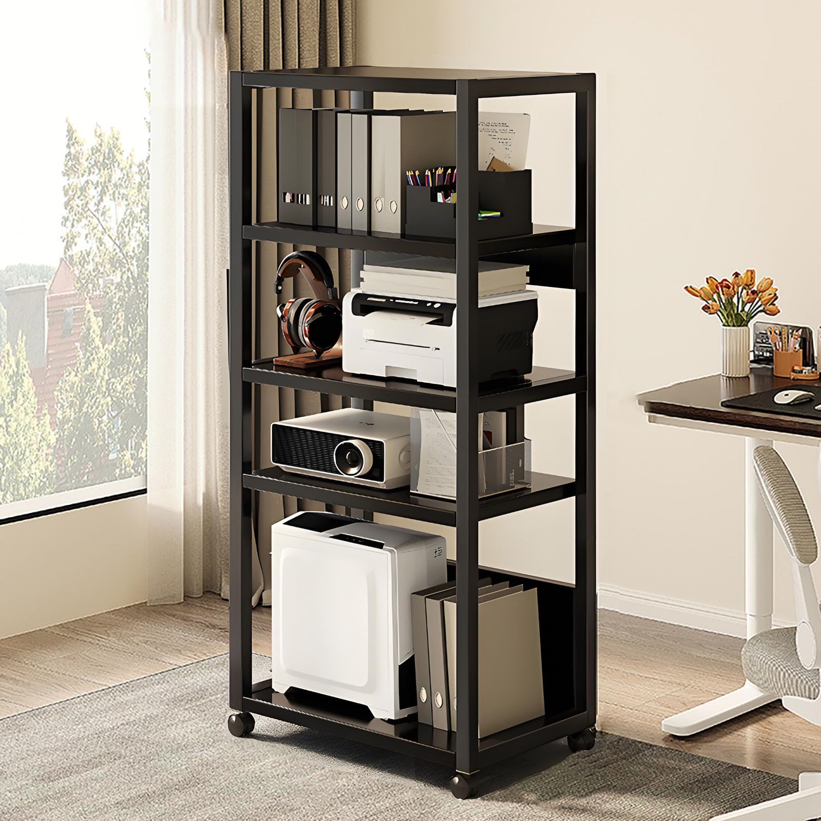 Support audio à roulettes à 5 niveaux avec roulettes pour la maison et le bureau, armoire stéréo pour salle d'enregistrement, noir, 51 x 40 x 136 cm, idéal pour ranger du matériel audio-vidéo