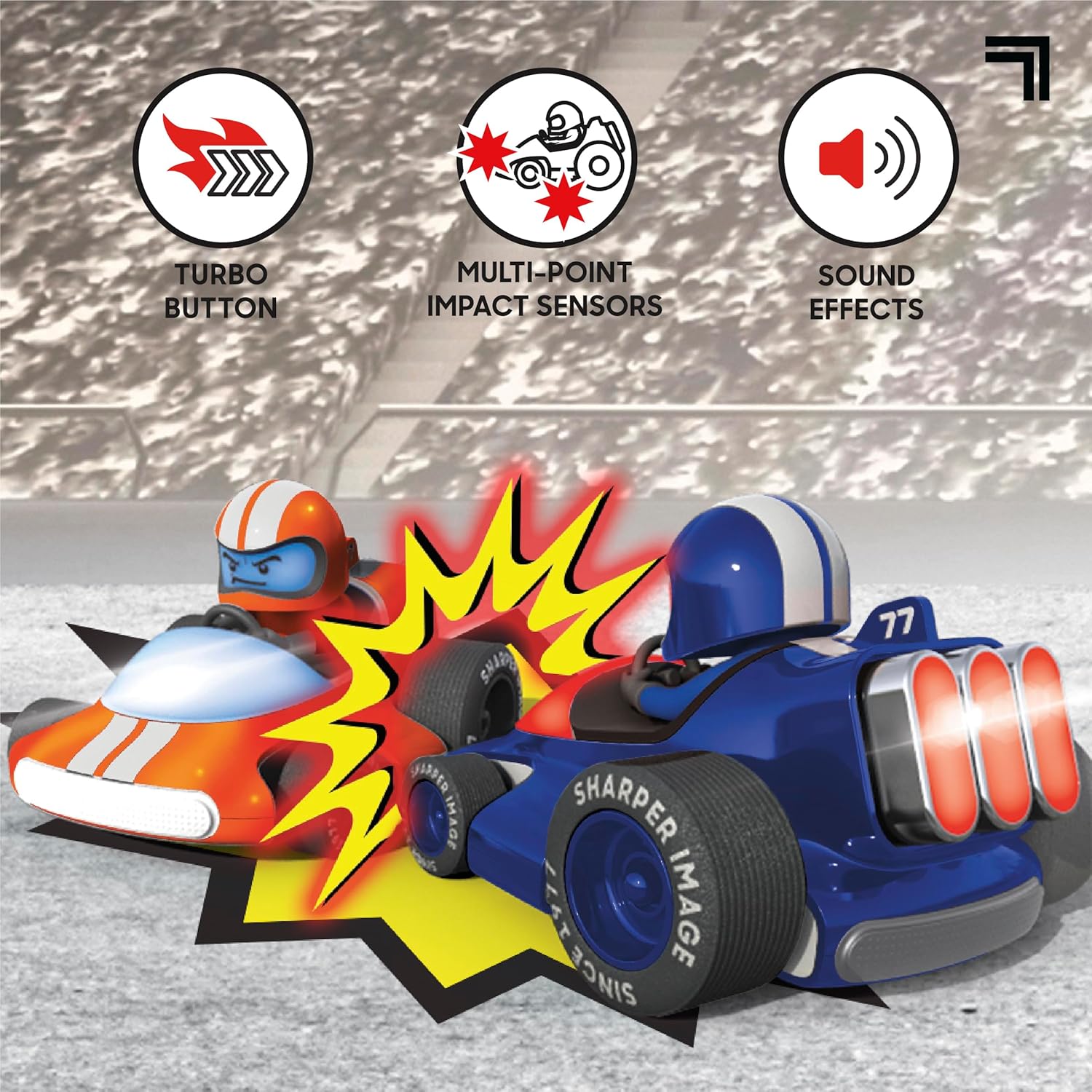 Sharper Image Motor Battles RC Team Battle Racers highlighting turbo button, impact sensors, and sound effects