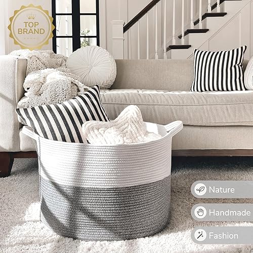 Vista 211 de INDRESSME - Canasta extragrande para ropa sucia de cuerda de algodón, cesta tejida decorativa con asas para guardería y sala, contenedor para Gris