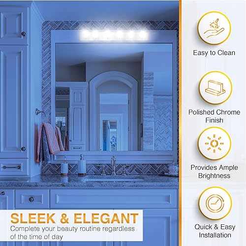 Vista 18 de DYSMIO Lighting - Tira de tres luces para tocador de estilo Hollywood con placas doradas, accesorios de calidad de salón para dormitorio, baño, Oro