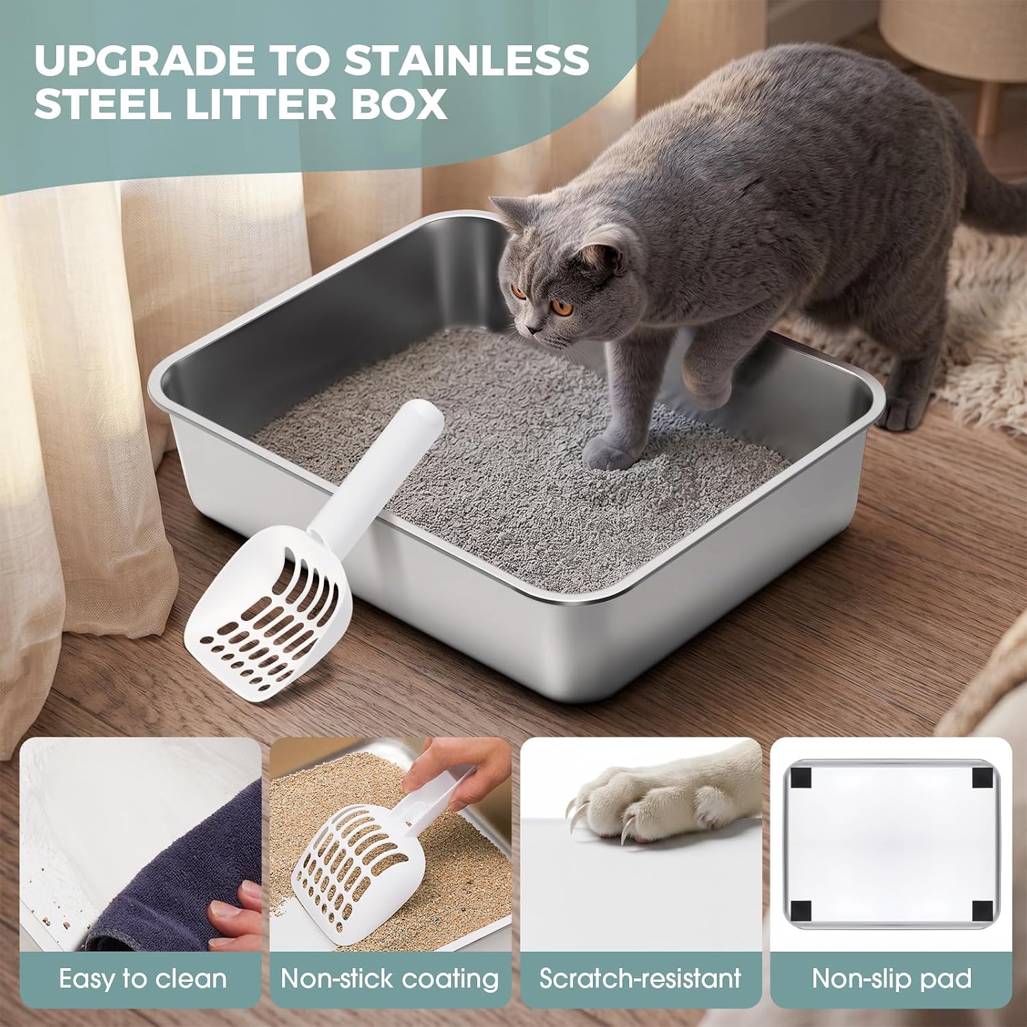 Stainless Steel Litter Box with Lid,Side Entry Litter Box,Covered Enclosed Cat Litter Box,Metal Litter Boxs,Odorless Non-Stick with High Sided Enclosure&Scoop for Kitty to Medium Cats(Grey)