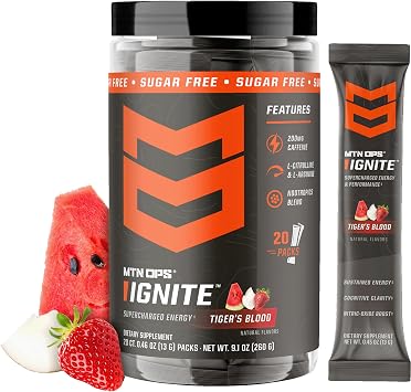 MTN OPS Ignite Sugar Free Energy Drink Powder Trail Packs with 200mg Caffeine, Travel Pre Workout Packets for to-Go Energy, Nootropic Blend, L Arginine & L Citrulline, 20 Servings, Tigers Blood