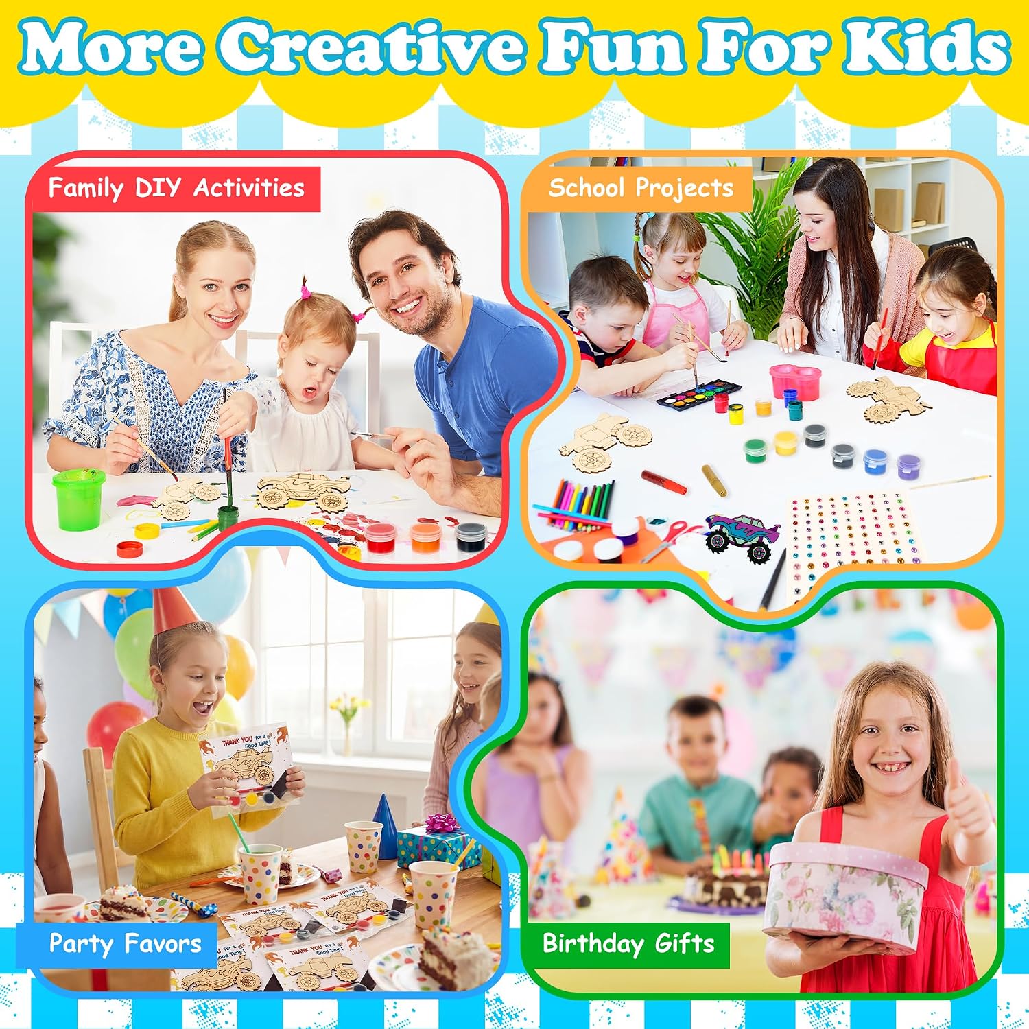 Monster Truck Party Favors, 24 Pcs DIY Wooden Truck Painting Crafts Kit with Magnets, Car Birthday Party Supplies, Monster Trucks Party Decorations Goodie Bags Gifts Prizes Girls Boys