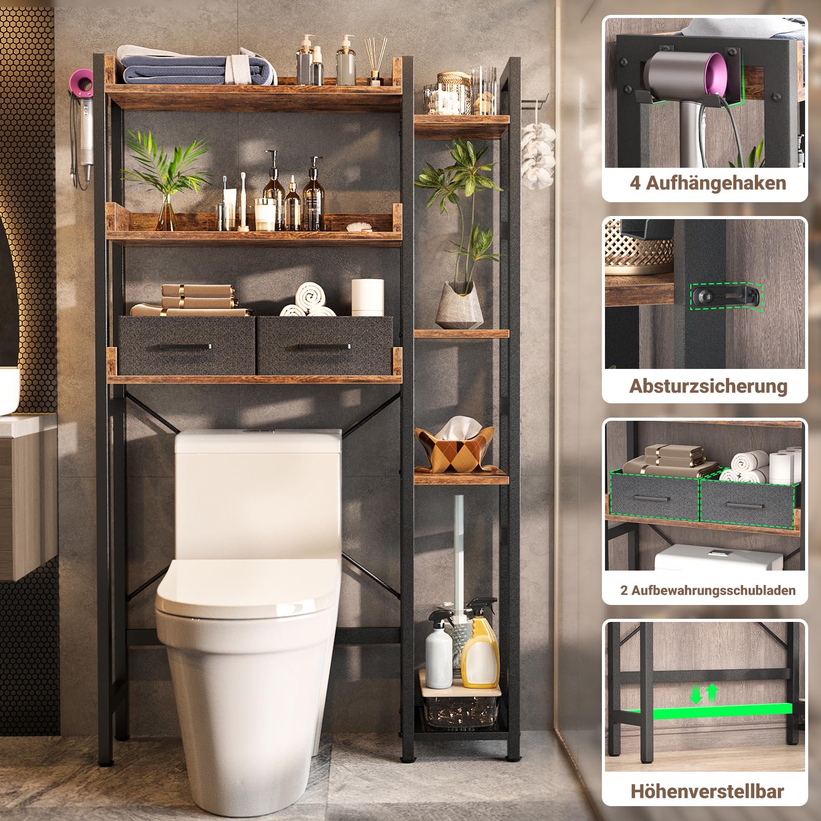iSunirm Waschmaschinenregal mit 2 Schubladen – 7-stöckiger Toilettenregal mit verstellbarem Regal, Toilettenregal mit 4 Haken für Bad und Waschküche, Rustikales Braun