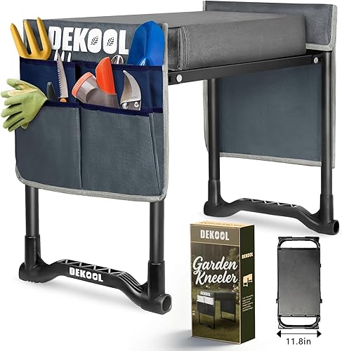 Miniatura 9 de Rodillero y asiento de jardín con almohadilla de rodillas ancha mejorada y 3 pulgadas de grosor, taburete de jardín resistente con 2 bolsas de