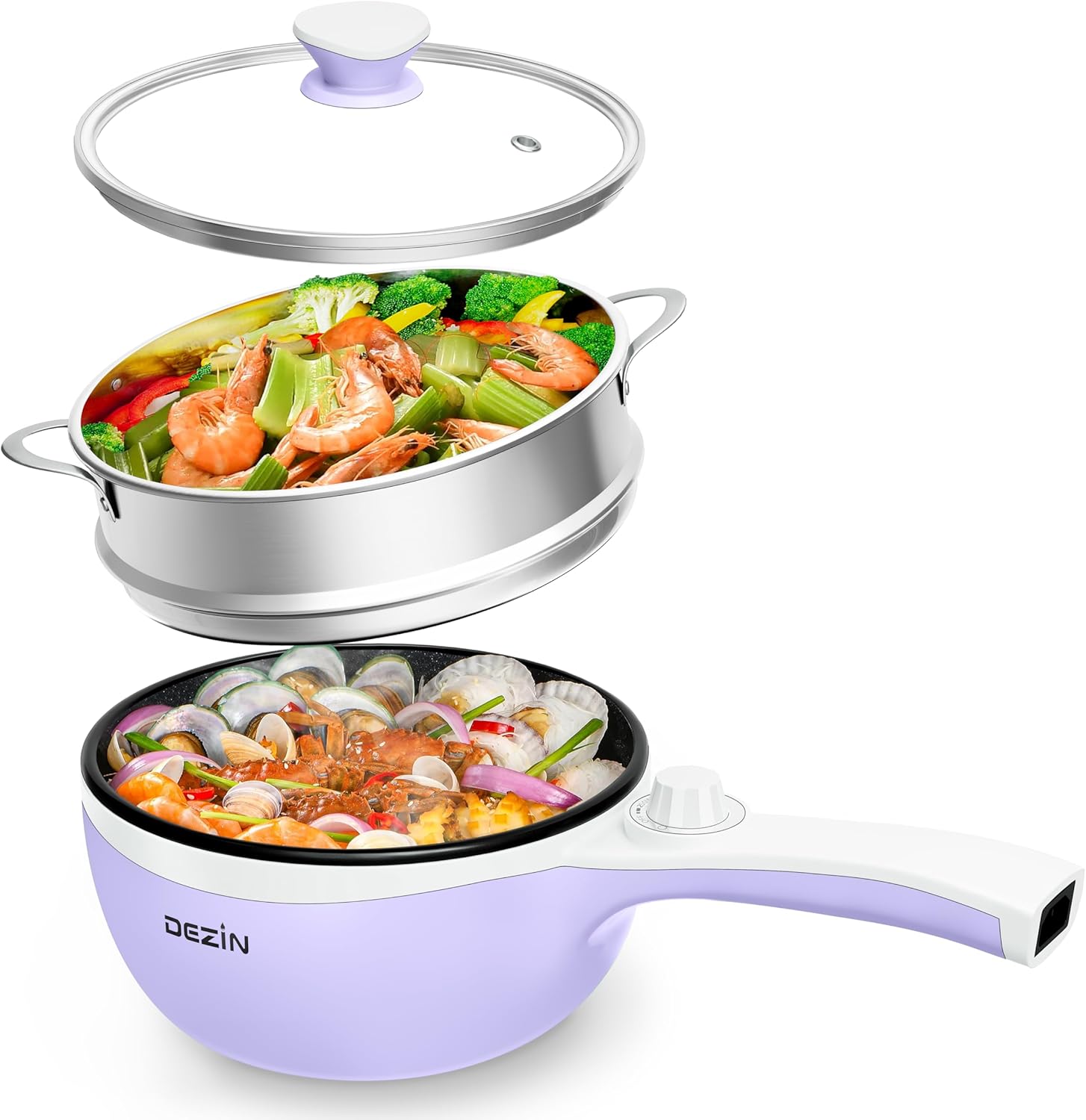 Product image of Dezin Hot Pot Electric with Steamer Upgraded, Non-Stick Sauté Pan, Rapid Noodles Electric Pot, 1.5L Mini Pot for Steak, Egg, Fried Rice, Ramen, Oatmeal, Soup with Power Adjustment