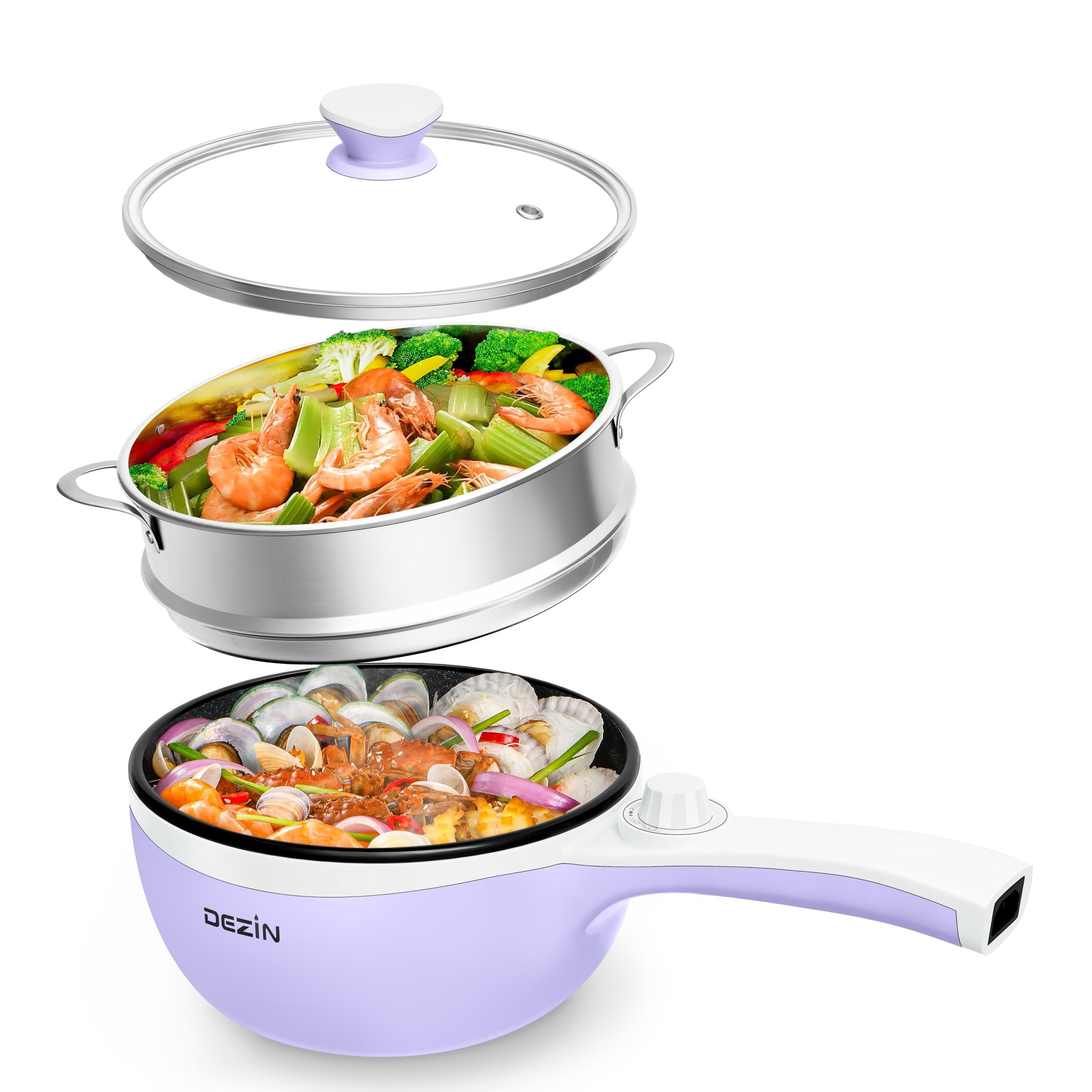 Dezin Hot Pot Electric with Steamer Upgraded Non-Stick Saut Pan Rapid Noodles Electric Pot 1 5L Mini Pot