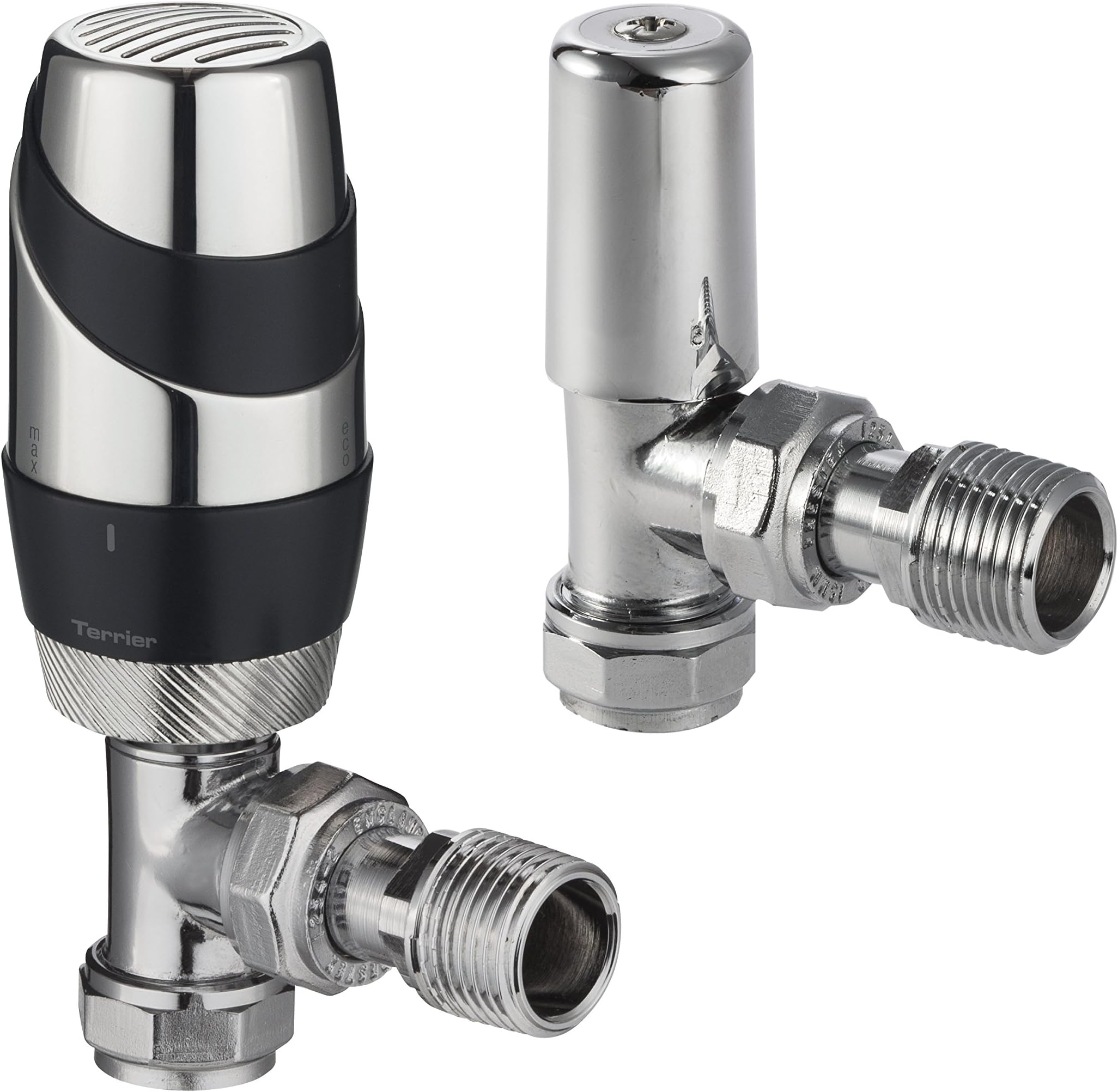 Terrier632322 Thermostatic Radiator Anthracite and Chrome 15mm Connection Angle Body & Matching CP lockshield Valve
