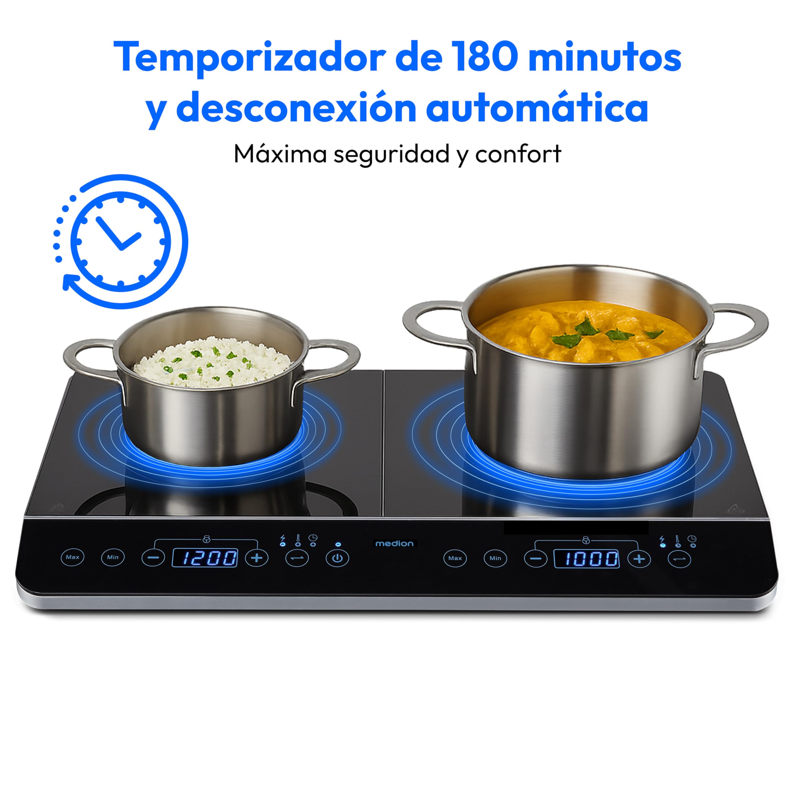 MEDION Placa de inducción doble con dos placas de cocción, 3500 vatios, 10 ajustes de temperatura, pantalla LED, MD 15324, negro