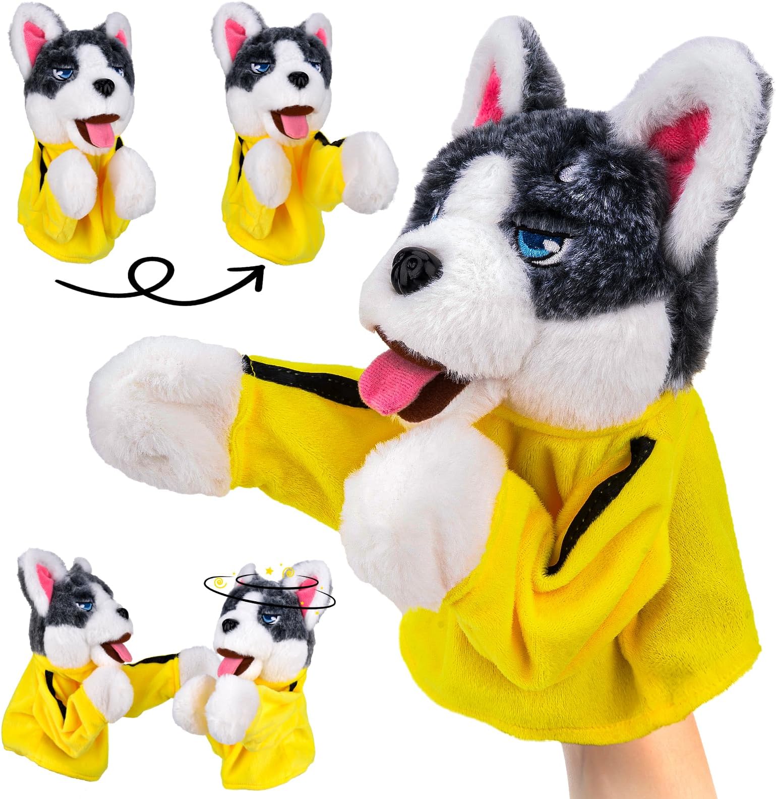 Kung Fu Animal Toy Husky Gloves Doll Children's Game Plush Toys, Kung Fu Dog Husky, Boxer Hand Puppets, Stuffed Hand Puppet Dog Action Toy with Sounds, Kid's Gift for Birthday Christmas Party.
