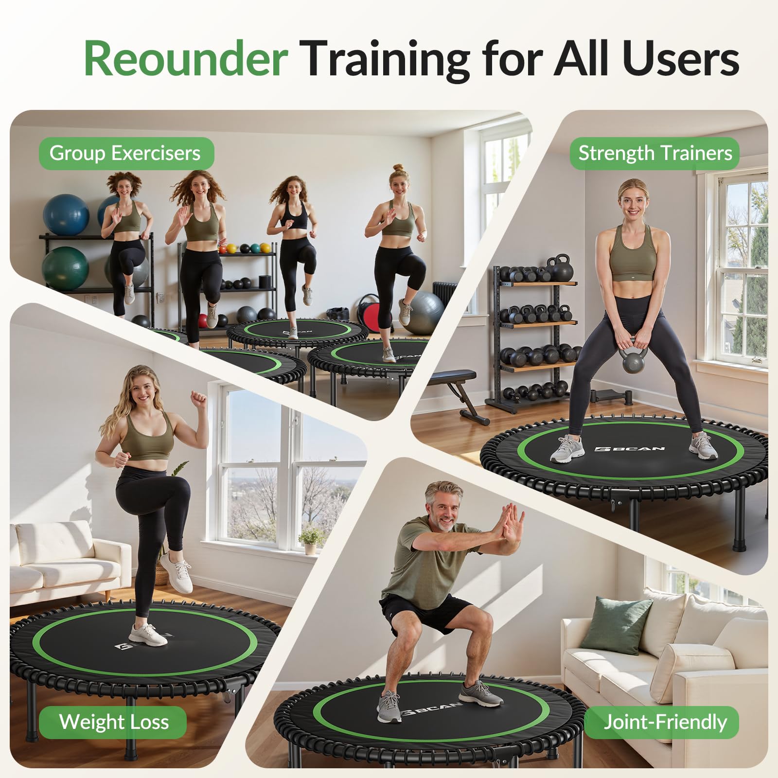BCAN Fitness Indoor-Trampolin, Ø 102/122 cm Durchmesser, Bungee/Feder-Minitrampolin, geeignet für Erwachsene bis 204/250 kg, Bodentrampolin mit verstellbaren Griffen, leise und vibrationsarm