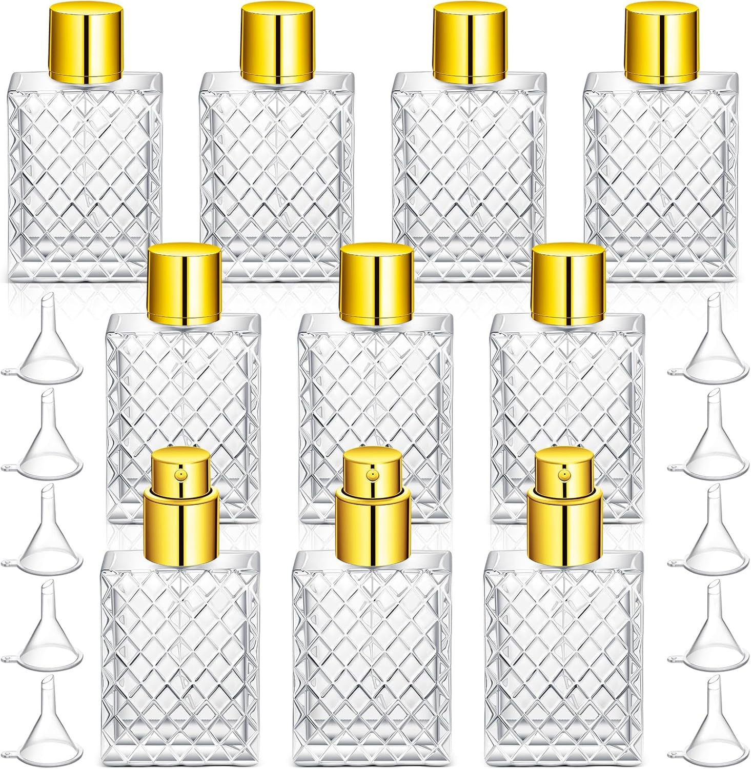 Zhehao 10 Pcs 100ml 3.4 oz Glass Perfume Bottles Refillable Fine Mist Atomizer Spray Bottle with 10 Funnel Filler Empty Portable Perfume Atomizer Clear Essential Oil Container with Sprayer (Gold)