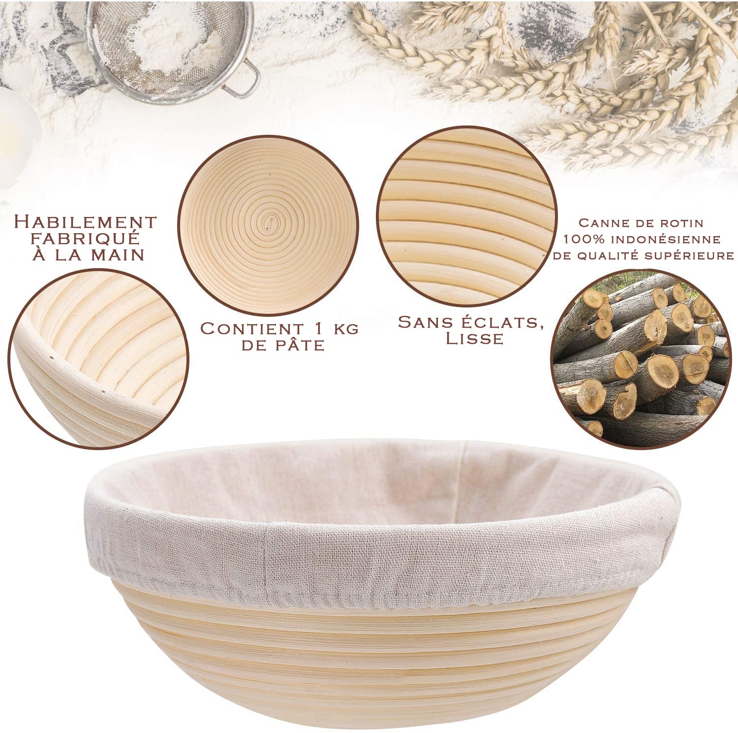 YAANI Lot de 2 paniers à pain ronds de 22 cm et 25 cm ovales pour banneton, corbeille à pain + manche en bois et racleur à pâte avec 5 lames + racleur à pâte en plastique +pour pain à levain