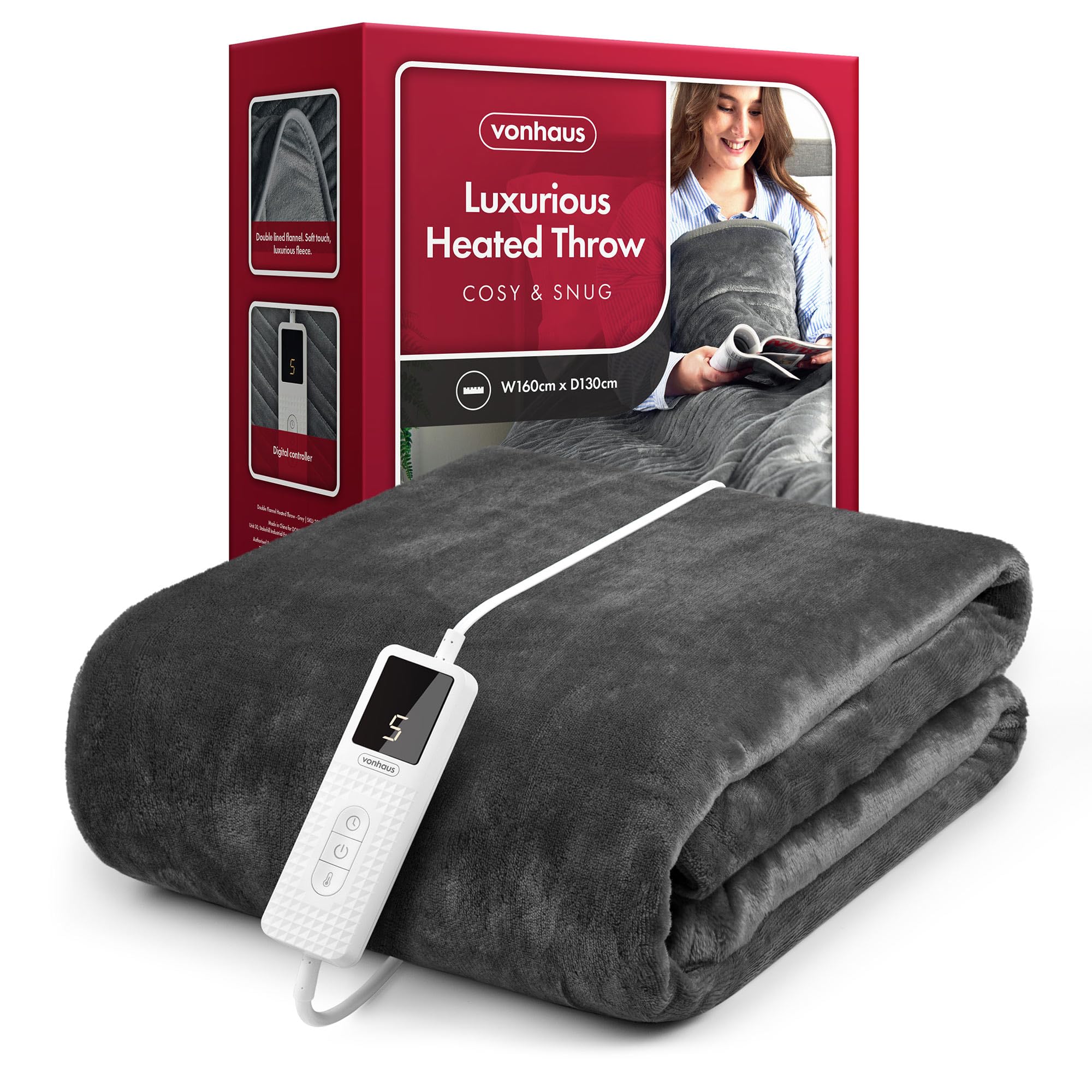Vonhaus Grey Heated Throw Blanket – Electric Over Throw Fleece Blanket With Digital Control – Large Size 160 X 130Cm, 9 Heat Settings, 9 Hour Timer, Safety Shut Off, Machine Washable, Soft Material –