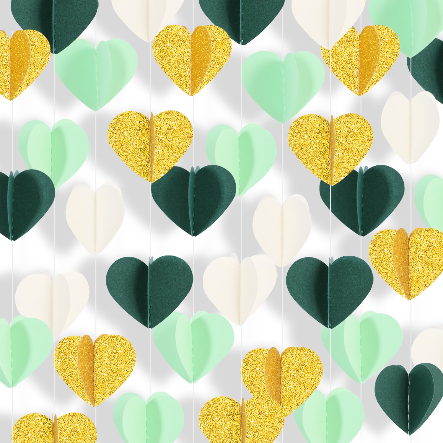 5 Packs Green Gold White 3D Love-Heart-Shaped Garland Banner for Galentine’s Day Decor Hanging Paper Streamers,Engagement Wedding, Bridal Party, Baby Shower Birthday Party Supplies ?49FT?
