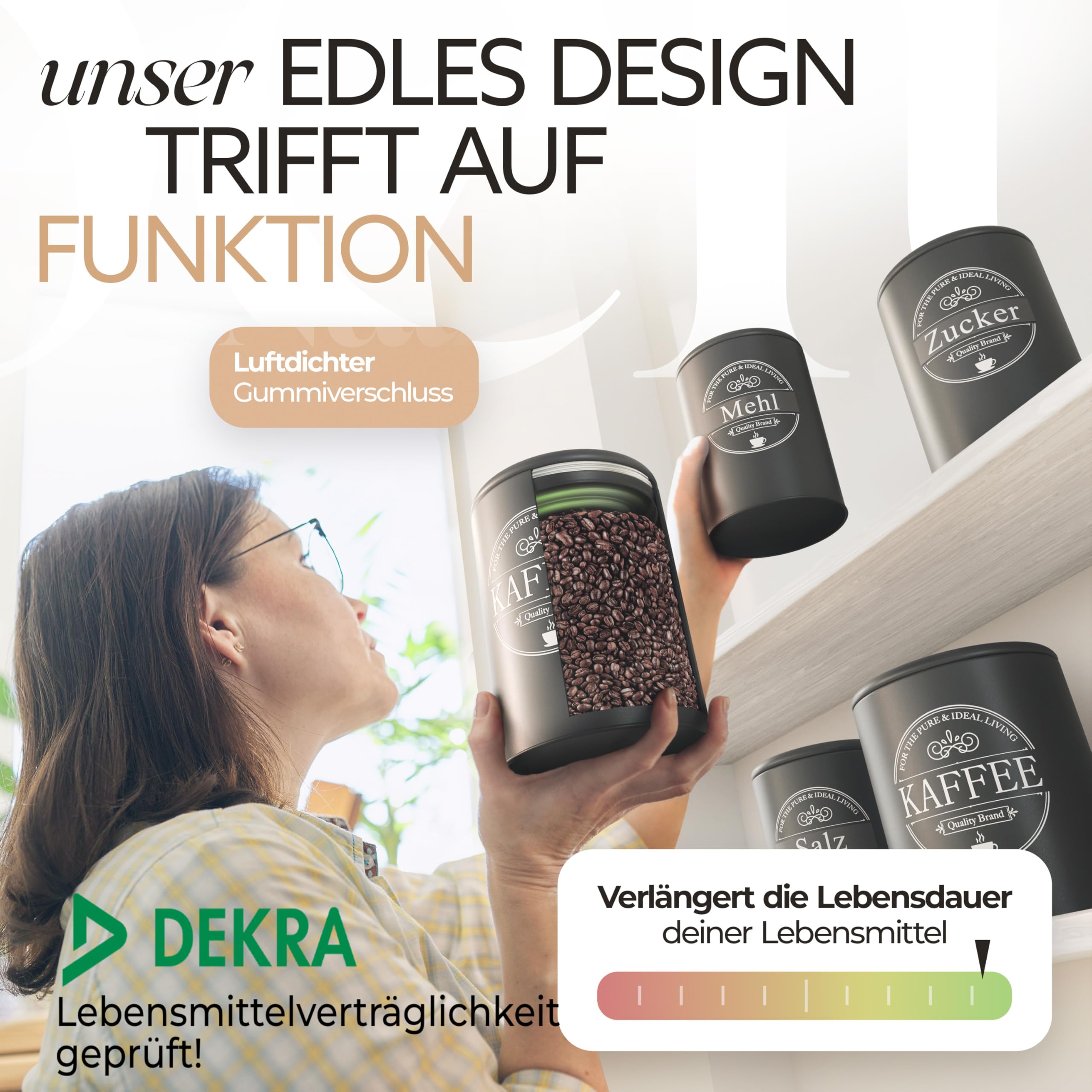 IDEALTASTIC® Premium Brotkasten 4er Set, Zuckerdose, Mehl Aufbewahrung & Kaffeedose luftdicht, Brotbox schwarz I Vorratsdosen je 500g & 1x Brot I Frische & Eleganz in Ihrer Küche