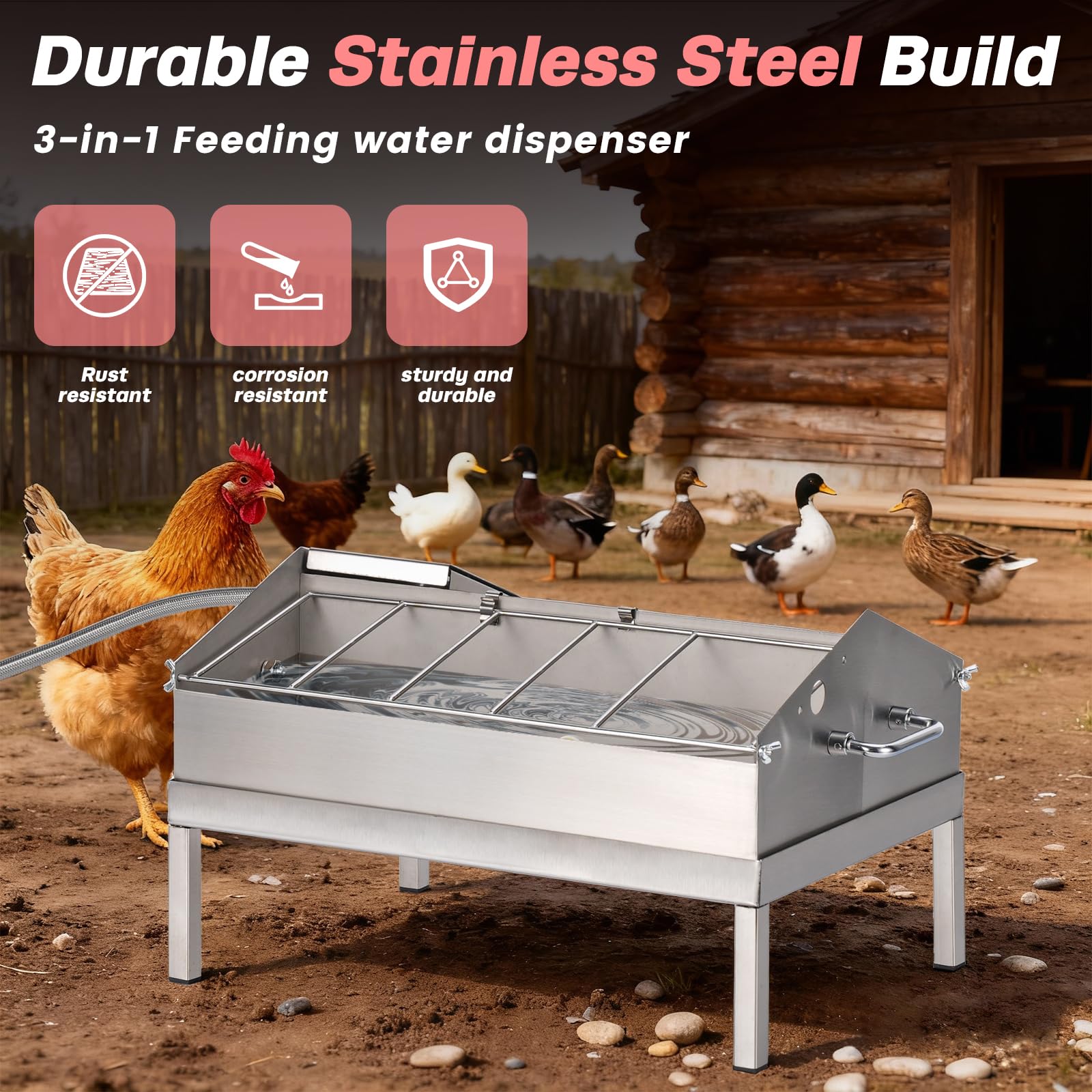 Bebedero y alimentador automático 2 en 1 para pollo, alimentador de agua de pollo de acero inoxidable con válvula flotante, dispensador de agua de llenado automático para aves de corral