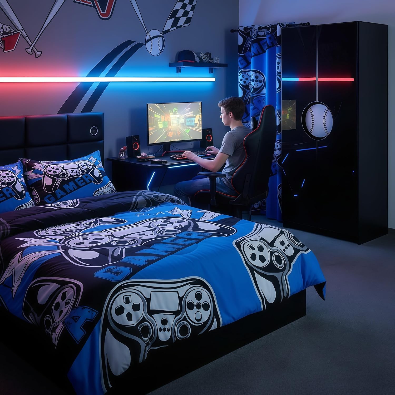Erosebridal Twin Comforter Set for Boys Girls Kids, Gamer Comforter Set for Boys Teens, Gaming Console Bedding Decor Blue Black 2Pcs