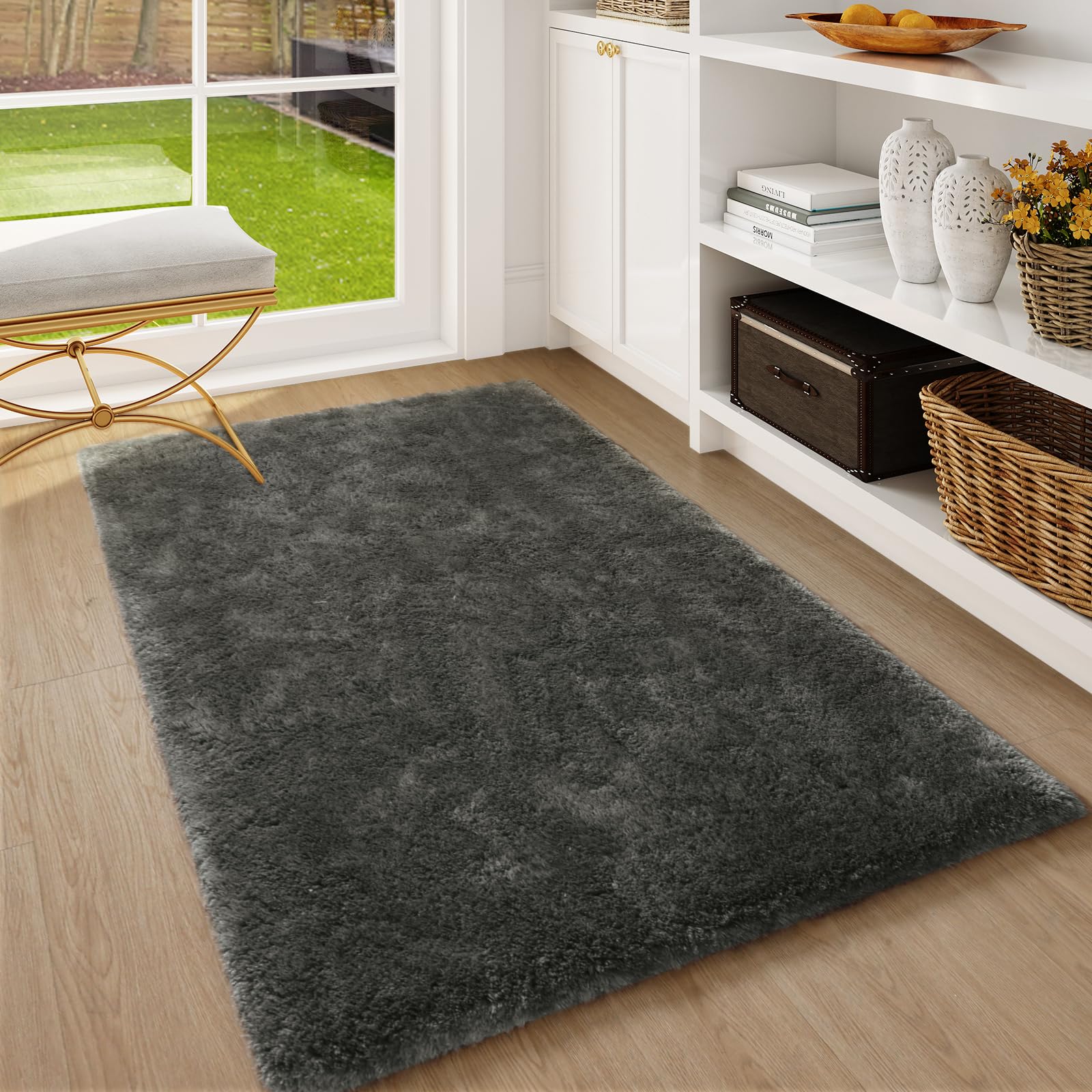 LIVEBOX 4x6 Fluffy Dark Grey Faux Fur Rugs for Bedroom, Soft Shag Area Rug for Nursery Room,Non Shedding and Non Slip Plush Rug for Kids Baby Playroom, Furry Faux Wool Rug for Living Room Teen Room
