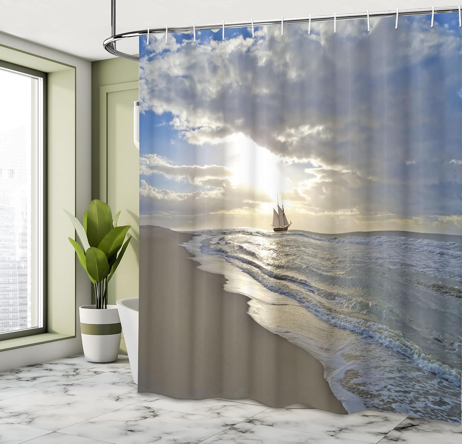 Ambesonne Nautical Shower Curtain, Sailing Ship Close to Sandy Beach in Moody Sunset Paradise Tropical Theme, Cloth Fabric Bathroom Decor Set with Hooks, 69" W x 75" L, Blue Beige White