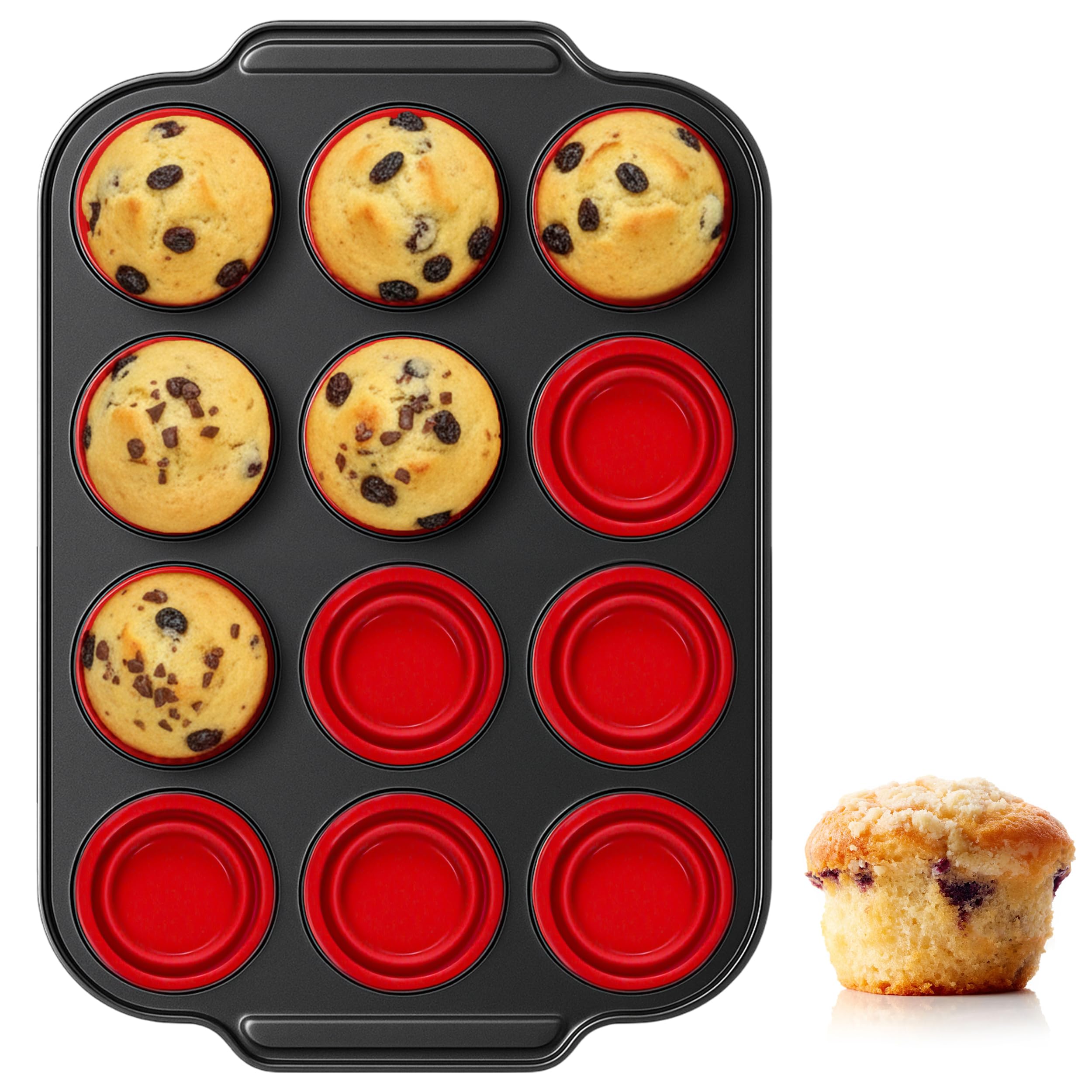 2024 Silikon-Muffinform, roter Metallrahmen, Muffinform, Eierbissen, Cupcake-Form, ofen- und spülmaschinenfest, Mini-Muffinformen zum Backen, antihaftbeschichtet, 12 Stück