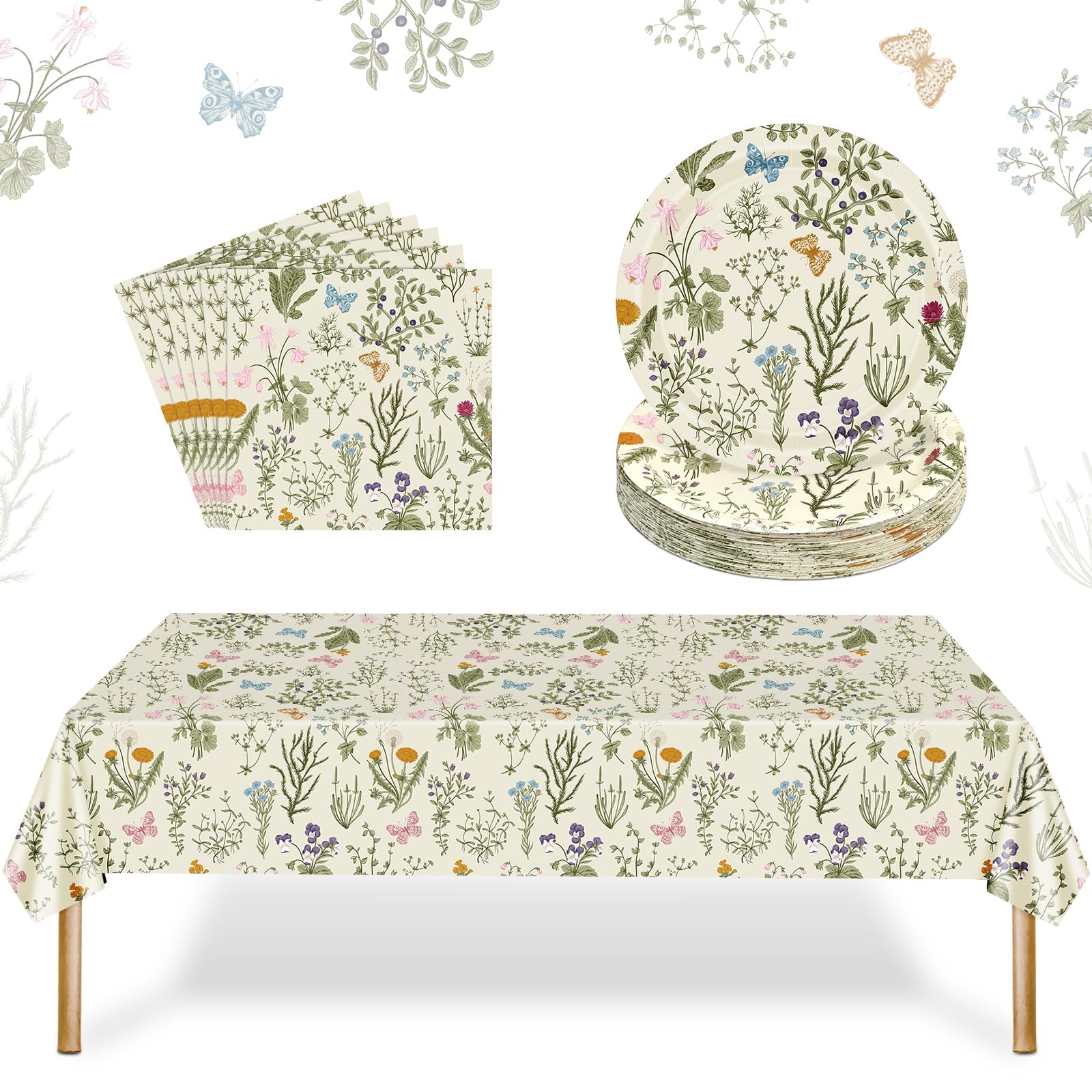 Funnymoom 61 Pcs Wildflower Party Decorations 7 Inch Floral Paper Plates, Napkins and Tablecloth Spring Summer Wild Floral Party Supplies For Birthday