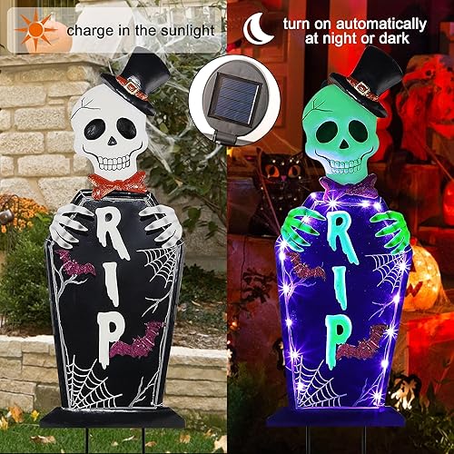 Miniatura 4 de Joliyoou Estaca de Halloween para patio, 26.4 pulgadas con luz solar de metal con fantasmas que brillan en la oscuridad, 18 luces LED moradas,