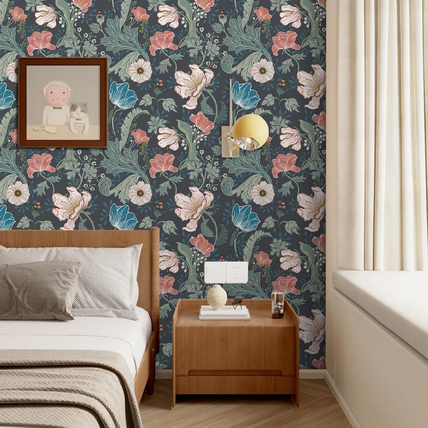 ANHUIB Bohemian Green Floral Wallpaper 17”x118”Peel and Stick Room Vintage Botanical Removable Art Wallpaper Boho Blossoming Flowers Plant Wall Paper PVC Vinyl Contact Paper for Bedroom Bathroom - Image 3