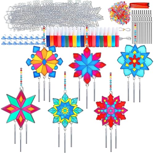 Ayhuhra 30 Sets Winter Snowflake Wind Chime Suncatchers Craft Kits
