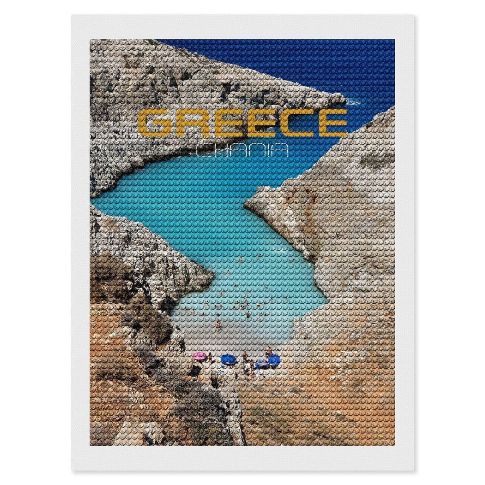 Junmoney Greece Chania Beach Diamond Art Canvas 12"x16", Decorate Your Room, Mindful Craft Activity, Cosy Home Accent, Thoughtful Handmade Gift