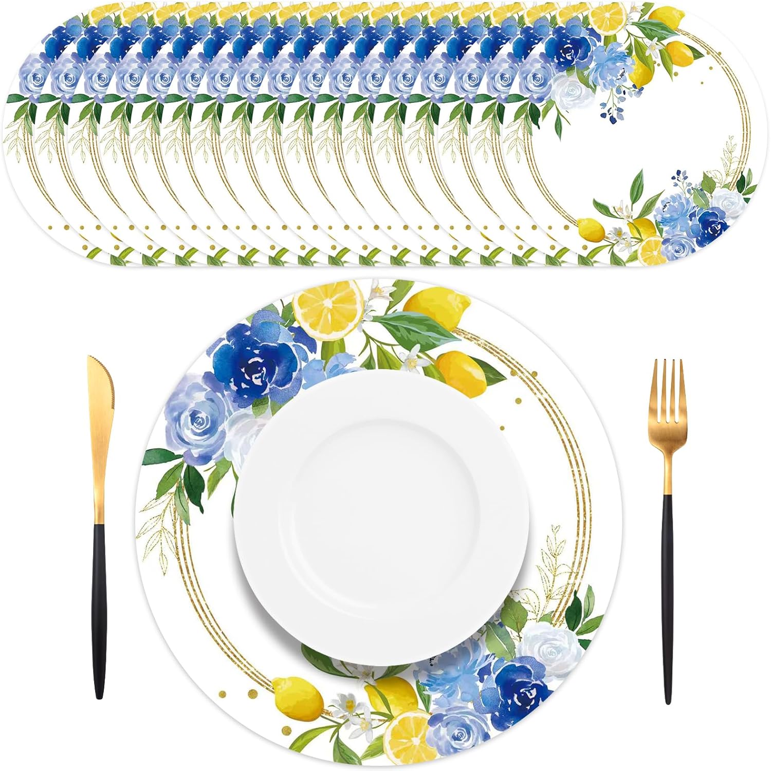 50 PCS Lemon Blue Floral Paper Placemats Paper Placemats Disposable, 13.5 Inch Summer Round Place Mats, Blue Rose & Lemon Table Mats for Birthday Wedding Anniversary Bride Party Supplies