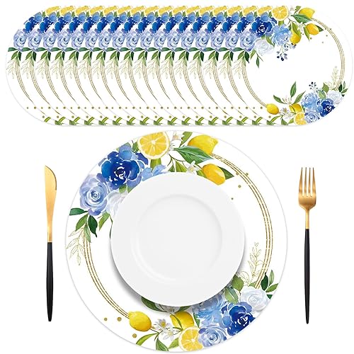 50 PCS Lemon Blue Floral Paper Placemats Paper Placemats Disposable,