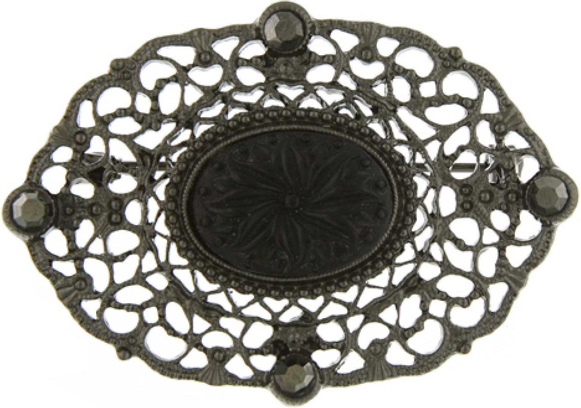 1928 Jewelry Black-Tone Belle Epoch Oval Filigree Bar Pin with Black Carved Center Stone