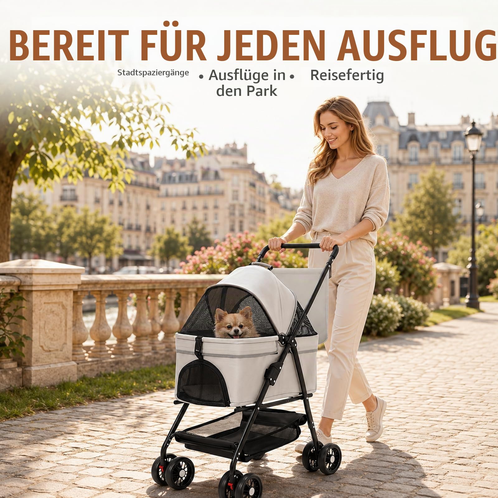 Haustierbuggy bis 20 kg, faltbar, mit Transportkorb, Schwarz | Für kleine Hunde und Katzen; mit Belüftungsfenstern und Stauraum, komfortabel für Spaziergänge und Reisen